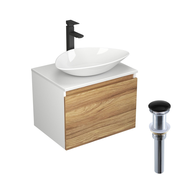 Комплект для ванной, 4 предмета (Тумба Bau Dream Blackwood 60, раковина BAU Triangle 59х39, смеситель для раковины высокий Hotel Black, черный, выпуск клик клак, черный)