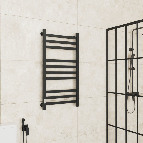 Полотенцесушитель электрический профильный Маргроид BAU В81/10 50х100, 3 вставки 3-4-3 размер 30*10, черный матовый RAL 9005 с таймером слева