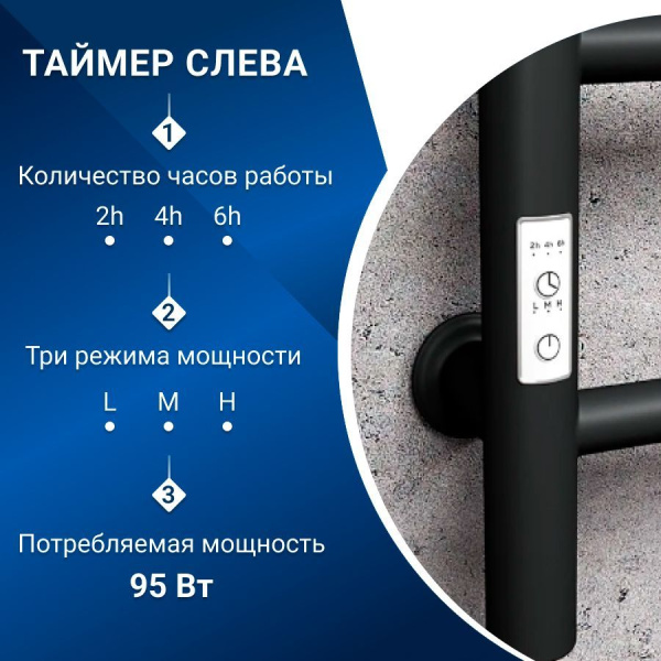 Полотенцесушитель электрический Маргроид BAU В10 40х80, П8 (3+3+2) с таймером слева, черный матовый RAL 9005