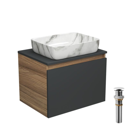 Тумба с раковиной и выпуском (тумба Bau Dream 60, графит + раковина санфаянс накладная прямоугольная BAU Hotel 48х37, выпуск клик-клак, белый)