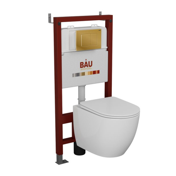 Комплект BAU 6 в 1: инсталляция BAU PRO, унитаз подвесной безободковый Bau Dream 49,5х36, сиденье дюропласт микролифт, клавиша BAU Stil, золото