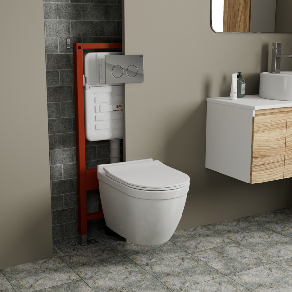 Комплект BAU 6 в 1: усиленная инсталляция BAU IDEAL, унитаз подвесной безободковый Bau Mif PRO, сиденье микролифт, клавиша BAU Round, хром