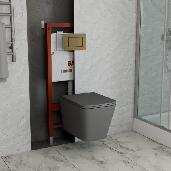 Комплект BAU 6 в 1: инсталляция BAU PRO, унитаз подвесной безободковый торнадо обратного потока Bau Stil Hurricane-2, сиденье микролифт, темно-серый матовый, клавиша BAU Stil, бронза