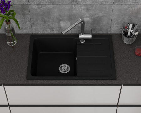Мойка для кухни оборачиваемая с крылом BAU Stil Black coal 75х50, выпуск с сифоном в комплекте, черный уголь