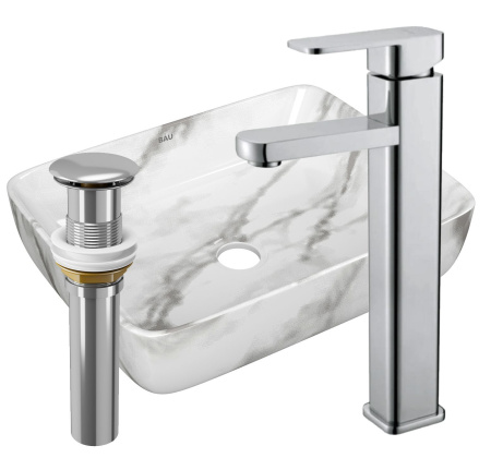 Раковина накладная со смесителем и выпуском (прямоугольная BAU Hotel 48х37, мрамор + смеситель Hotel Still, нер. сталь, выпуск клик-клак хром)