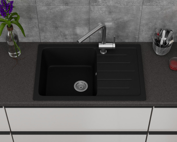 Мойка для кухни оборачиваемая с крылом BAU Stil Black coal 75х50, выпуск с сифоном в комплекте, черный уголь