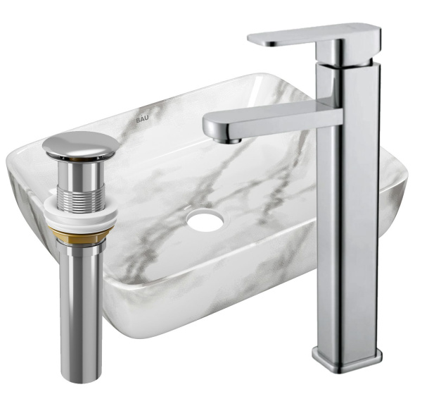 Раковина накладная со смесителем и выпуском (прямоугольная BAU Hotel 48х37, мрамор + смеситель Hotel Still, нер. сталь, выпуск клик-клак хром)