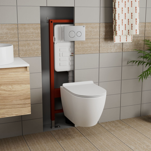 Комплект BAU 6 в 1: усиленная инсталляция BAU IDEAL, унитаз подвесной безободковый Bau Dream, сиденье дюропласт микролифт, клавиша BAU Wheel антивандальная, нерж. сталь брашированная