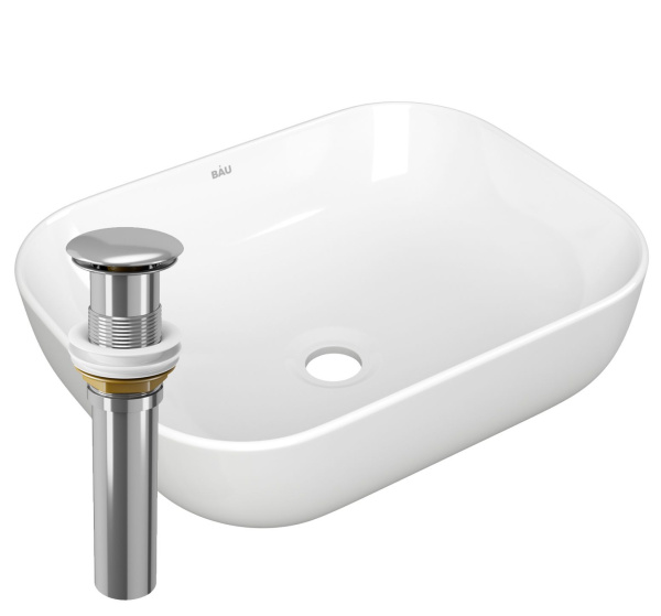 Раковина накладная прямоугольная BAU Stil Pro 50х40, белая + выпуск клик-клак, хром
