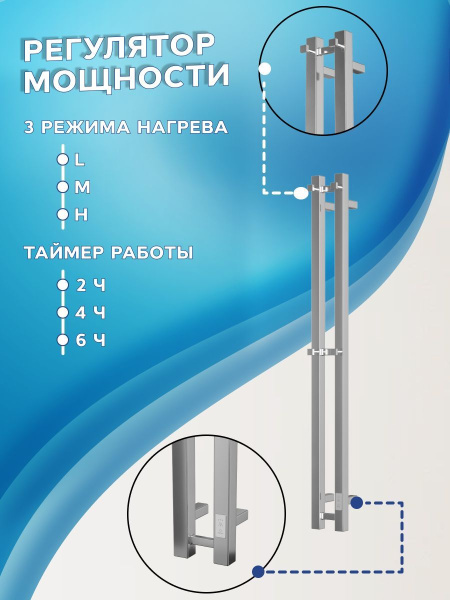 Полотенцесушитель дизайнерский электрический, профильный BAU Stella Square 8х120, 2 коллектора, 4 крючка (Полированный DB-0082)
