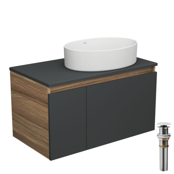 Тумба с раковиной и выпуском (тумба Bau Dream 80, графит + раковина санфаянс накладная овальная BAU Nimb 50х36, выпуск клик-клак, белый)