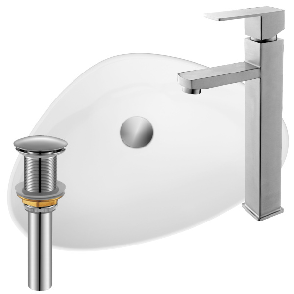 Раковина накладная со смесителем и выпуском (Умывальник BAU Triangle 59х39, белый + смеситель для раковины высокий Hotel Still, выпуск клик клак, хром)