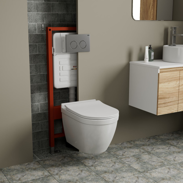 Комплект BAU 6 в 1: усиленная инсталляция BAU IDEAL, унитаз подвесной безободковый Bau Mif PRO, сиденье микролифт, клавиша BAU Round Gun gray, серый металлик