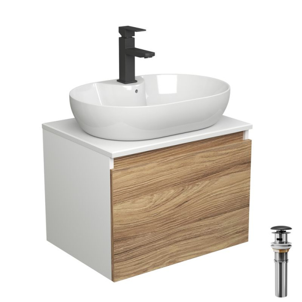 Комплект для ванной, 4 предмета (Тумба подвесная Bau Blackwood 60 + Раковина BAU 60х42, с отв. под см-ль + Смеситель Hotel Black, выпуск черный)