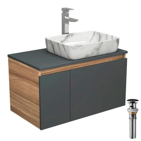 Комплект для ванной, 4 предмета (тумба Bau 80, графит + раковина BAU Hotel 48х37 + смеситель Hotel Still, выпуск клик-клак, черный)