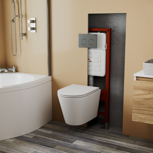 Комплект BAU 6 в 1: усиленная инсталляция BAU IDEAL, унитаз подвесной безободковый вихревой Bau Nimb Hurricane3, сиденье дюропласт микролифт, клавиша BAU Round Gun gray, серый металлик