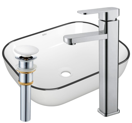 Раковина накладная со смесителем и выпуском (прямоугольная BAU Stil 50х40, белая + смеситель Hotel Still, нер. сталь, выпуск клик-клак белый)