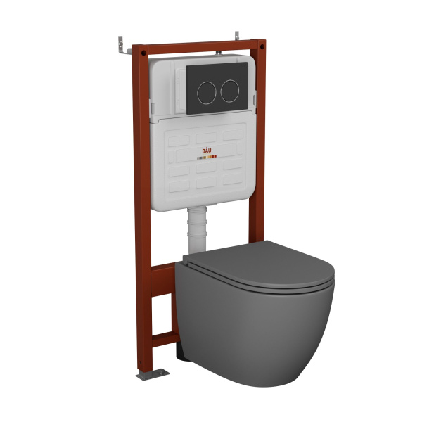 Комплект BAU 6 в 1: усиленная инсталляция BAU IDEAL, унитаз подвесной безободковый торнадо обратного потока Bau Dream Hurricane-2 темно-серый матовый, сиденье микролифт, клавиша BAU Round, черная