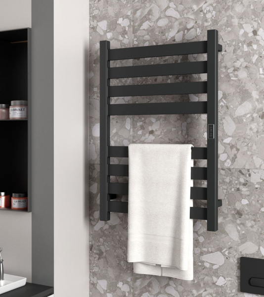 Полотенцесушитель дизайнерский электрический, профильный BAU Elite 50х80, 8 планок, универсальный, черный матовый RAL 9005