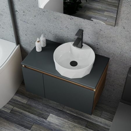 Комплект для ванной, 4 предмета (Тумба подвесная Bau Blackwood 80 графит + Раковина BAU D40, с отв. под см-ль + Смеситель Hotel Black, выпуск черный)