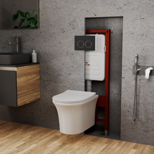 Комплект BAU 6 в 1: усиленная инсталляция BAU IDEAL, унитаз подвесной безободковый Bau Spectrum PRO, сиденье микролифт, клавиша BAU Round, черная матовая