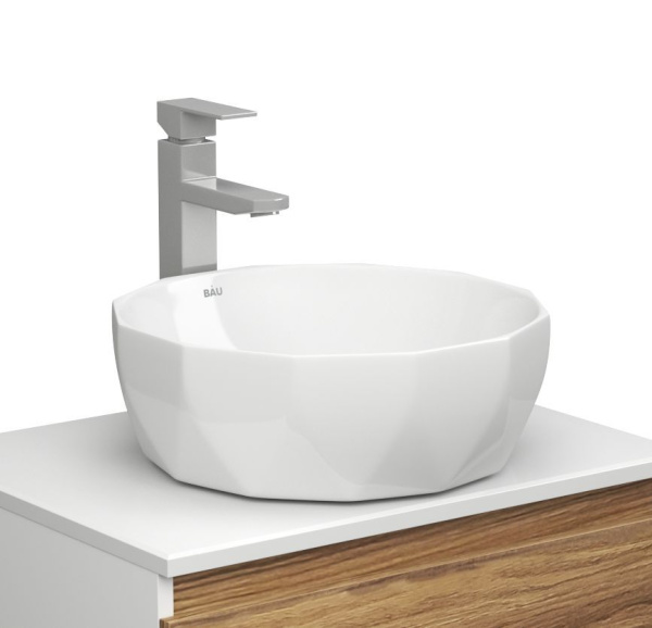 Раковина накладная со смесителем и выпуском (на столешницу BAU Diamond D40, белая + смеситель Hotel Still, нер. сталь, выпуск клик-клак черный)