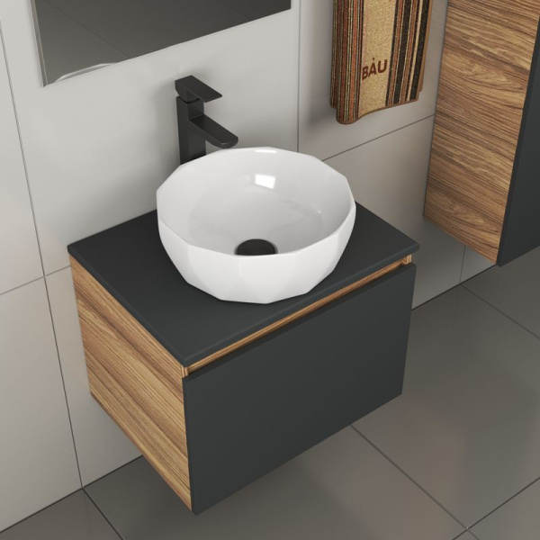 Комплект для ванной, 4 предмета (тумба Bau 60, графит + раковина на столешницу BAU Diamond D40 + смеситель Hotel Black, выпуск клик-клак, черный)