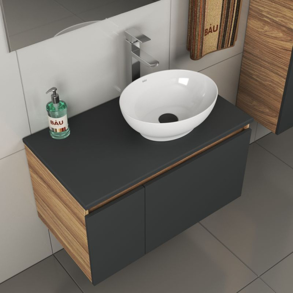 Комплект для ванной, 4 предмета (тумба Bau 80, графит + раковина BAU Nimb 41х33 + смеситель Hotel Still, выпуск клик-клак, черный)