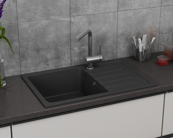 Мойка для кухни оборачиваемая с крылом BAU Stil Black stone 75х50, выпуск с сифоном в комплекте, черный камень