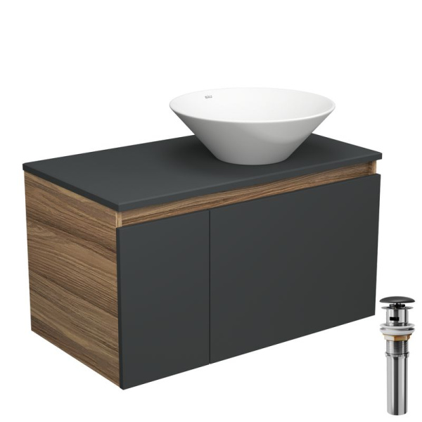 Тумба с раковиной и выпуском (тумба Bau Dream 80, графит + раковина санфаянс накладная круглая BAU Dream D43, выпуск клик-клак, черный)