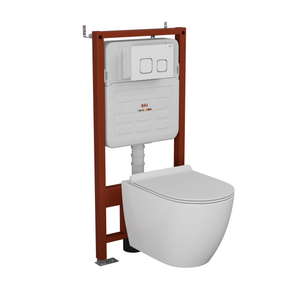 Комплект BAU 6 в 1: усиленная инсталляция BAU IDEAL, унитаз подвесной безободковый Bau Dream, сиденье дюропласт микролифт, клавиша BAU Strike, белая/хром