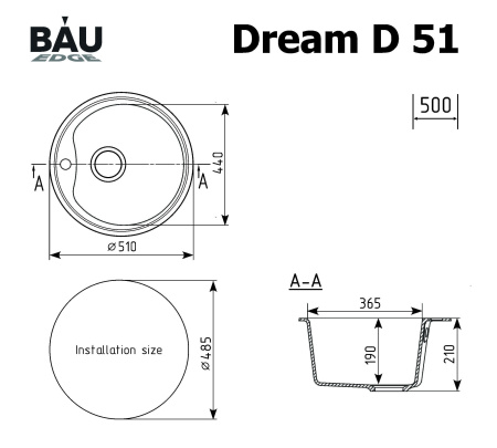 Мойка для кухни BAU Dream White snow D 51, выпуск с сифоном в комплекте, белый снег