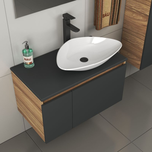 Комплект для ванной, 4 предмета (тумба Bau 80, графит + раковина BAU Triangle 59х39 + смеситель Hotel Black, выпуск клик-клак, черный)