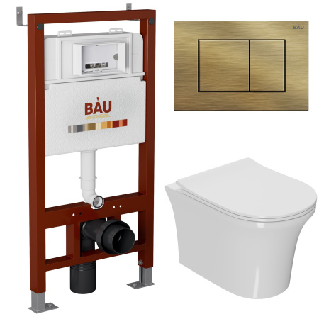 Комплект BAU 6 в 1: инсталляция BAU PRO, унитаз подвесной безободковый Bau Spectrum PRO, сиденье быстросъемное микролифт, клавиша BAU Stil, бронза