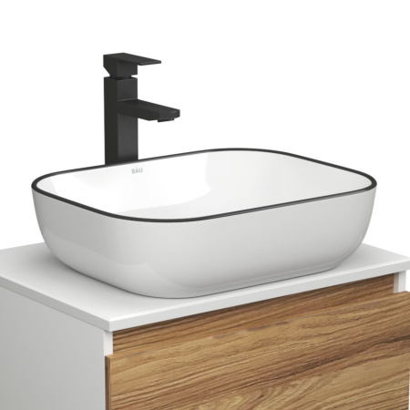 Раковина накладная со смесителем и выпуском (прямоугольная BAU Stil 50х40, белая + смеситель Hotel Black, черный, выпуск клик-клак черный)