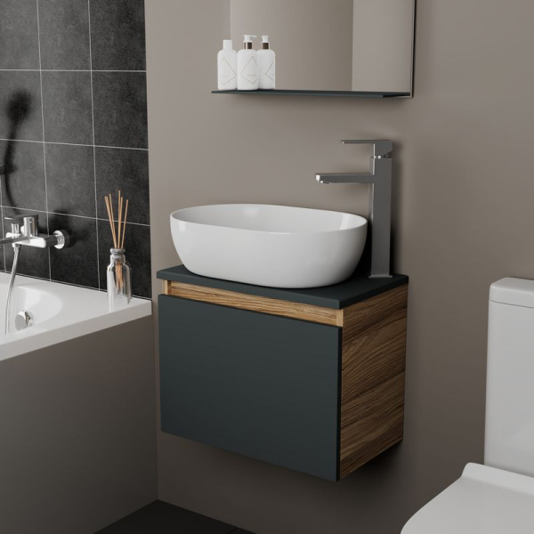 Комплект для ванной, 3 предмета (Тумба подвесная Bau Blackwood 50 графит + Раковина BAU 48х34, Смеситель высокий Hotel Still, нерж. сталь)