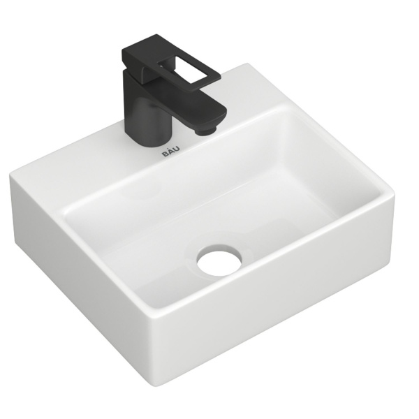 Раковина накладная со смесителем (прямоугольная BAU Cerama Mini 33х28, с отверстием, белая + смеситель Cerama Black, черный)