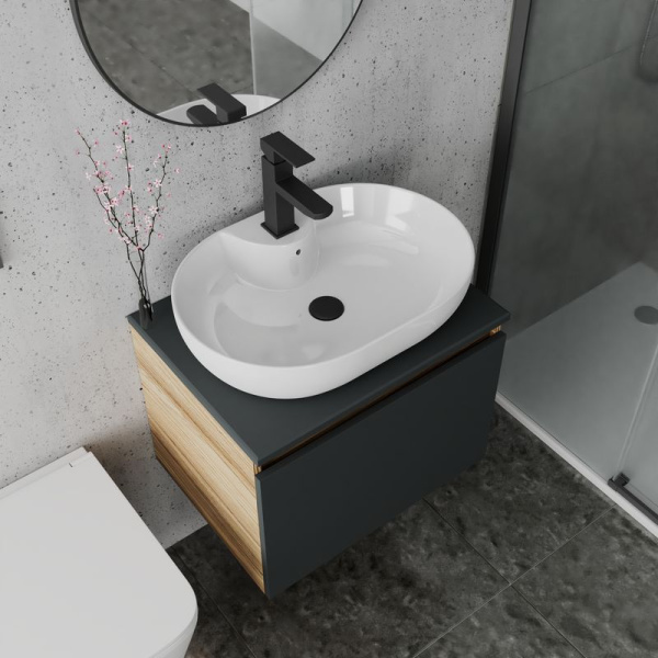 Комплект для ванной, 4 предмета (Тумба подвесная Blackwood 60 графит + Раковина BAU 60х42, с отв. под см-ль + Смеситель Hotel Black, выпуск черный)