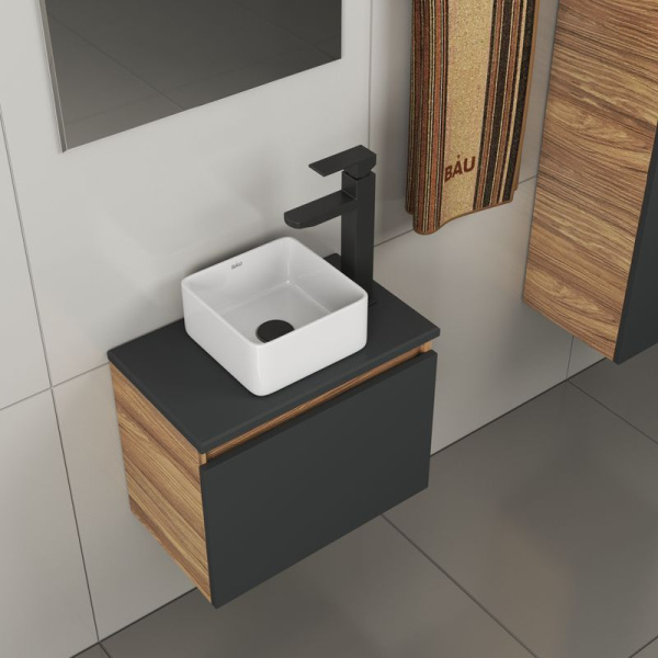 Комплект для ванной, 4 предмета (тумба Bau 50, графит + раковина BAU Hotel mini 24х24 + смеситель Hotel Black, выпуск клик-клак, черный)