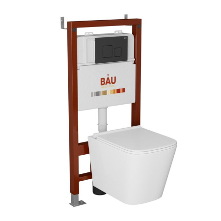 Комплект BAU 6 в 1: инсталляция BAU PRO, унитаз подвесной безободковый Bau Stil PRO, сиденье быстросъемное микролифт, клавиша BAU Soul, черный матовый