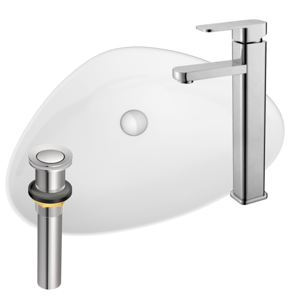 Раковина накладная со смесителем и выпуском (Умывальник BAU Triangle 59х39, белый + смеситель для раковины высокий Potato Hotel, выпуск клик клак, хром)