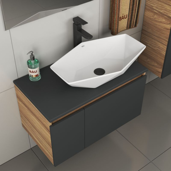 Комплект для ванной, 4 предмета (тумба Bau 80, графит + раковина на столешницу BAU Crystal 64х40 + смеситель Hotel Black, выпуск клик-клак, черный)