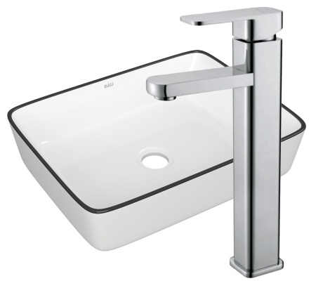 Раковина накладная со смесителем (прямоугольная BAU Hotel 48х37, белая, черный кант + смеситель Hotel Still, нержавеющая сталь)