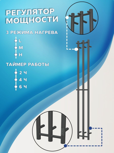 Полотенцесушитель дизайнерский электрический, профильный BAU Stella 12х160, 3 коллектора, 6 крючков (Чёрный матовый DB-0062)