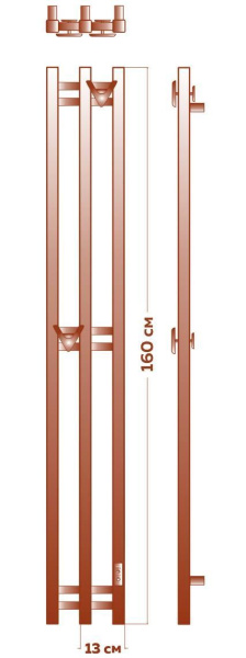 Полотенцесушитель дизайнерский электрический, профильный BAU Stella Square 15х160, 3 коллектора, 2 крючка, белый полуматовый