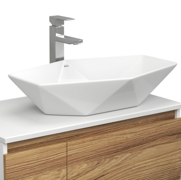 Раковина накладная со смесителем и выпуском (на столешницу BAU Crystal 64х40, белая + смеситель Hotel Still, нер. сталь, выпуск клик-клак белый)