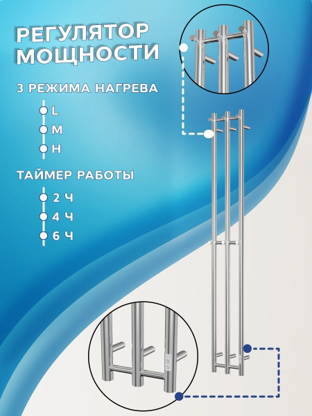 Полотенцесушитель дизайнерский электрический, профильный BAU Stella 12х160, 3 коллектора, 6 крючков (нерж. сталь полированная DB-0060)