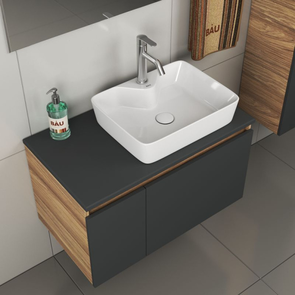 Комплект для ванной, 4 предмета (тумба Bau 80, графит + раковина BAU 48х37, с отв. под смеситель + смеситель Dream, выпуск клик-клак, белый)