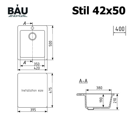 Мойка для кухни BAU Stil Sand 42х50, выпуск с сифоном в комплекте, бежевый песок