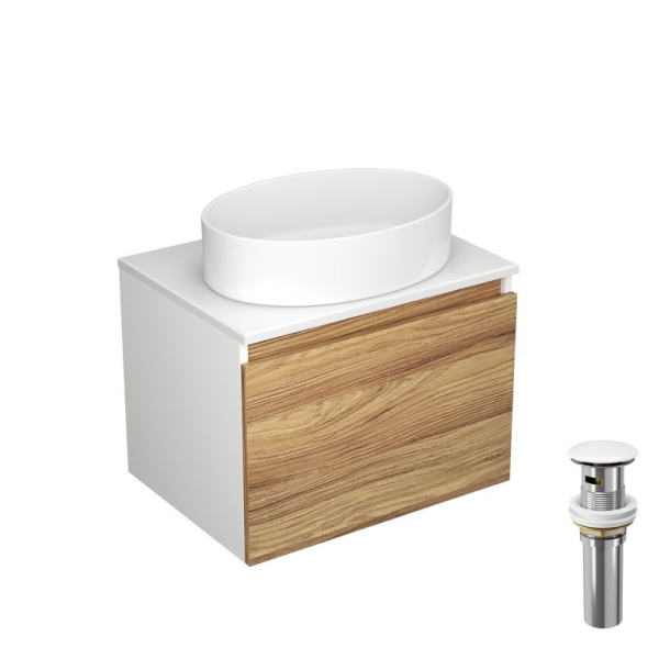 Тумба с раковиной и выпуском (Тумба Bau Dream Blackwood 60, умывальник BAU Nimb 50х36, выпуск клик клак, белый)